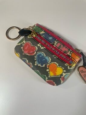 Dooney & Bourke Black Multicolor Heart Key Coin Pouch with Pink Trim